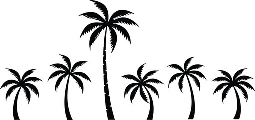 Obraz premium Diverse Black Vector Icon Collection of Palm Tree Silhouettes for Tropical and Nature-Themed Graphic Design Projects.