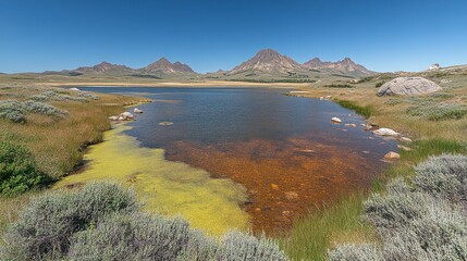 A tranquil alpine lake, surrounded by a patchwork of grasslands and shrubs, showcasing a striking contrast of vibrant yellow-green algae and reddish-brown water.  