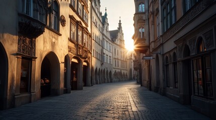 Obraz premium Sunlit cobblestone street in a historic European city at sunrise, featuring old buildings with archways and ornate details.