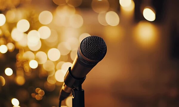 Close-up of an empty microphone on stage, with bokeh lights in the background. The focus is sharp and clear on the mic's body, while everything else blurs into a soft golden glow