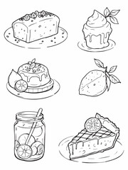 Collection of various lemon foods line art pieces.eps