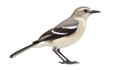 Bird on white background for marketing campaigns with copy space, modern brand storytelling element, or website hero image featuring a realistic small bird with brown and gray feathers for