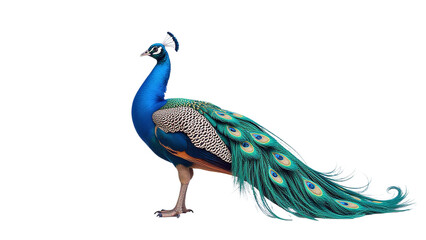 Obraz premium Majestic peacock standing proudly showcasing vibrant blue green feathers corporate branding marketing materials website hero image UI mockup luxury business presentation backdrop