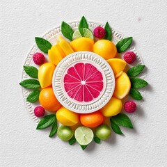 Circular Arrangement of Citrus Fruits and Raspberries on White Plate