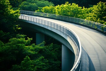 Close-Up Of Sleek Elevated Highway Curve Surrounded By Lush Greenery, Highlighting Sunlight Reflection On Polished Concrete And Smooth Modern Design In Serene Urban Landscape