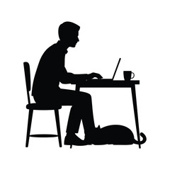 Silhouette of a Man Working on Laptop at Desk with Cat