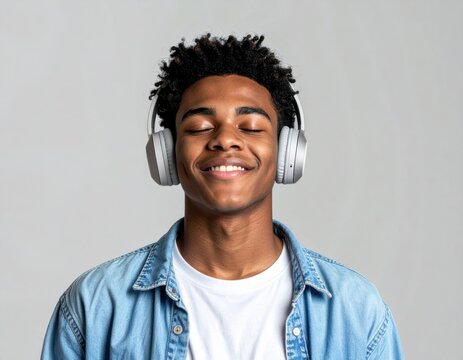 Happy young Black man with headphones listening to music with eyes closed and peaceful smile