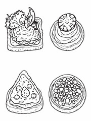 Colorful assortment of gourmet canap?s line art graphic.eps