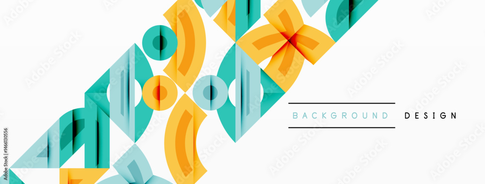 Poster Abstract geometric shapes overlap, creating dynamic visual pattern. Colors include orange, teal, yellow, white. Minimalist design.