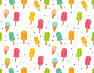 A cheerful seamless pattern displays colorful cartoon popsicles and ice cream cones scattered amongst confetti on a white background, evoking a summery and fun vibe.