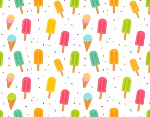 Crédence en verre imprimé A cheerful seamless pattern displays colorful cartoon popsicles and ice cream cones scattered amongst confetti on a white background, evoking a summery and fun vibe.