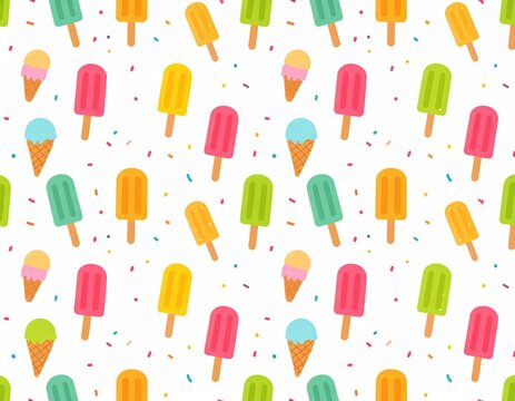 Fototapeta A cheerful seamless pattern displays colorful cartoon popsicles and ice cream cones scattered amongst confetti on a white background, evoking a summery and fun vibe.