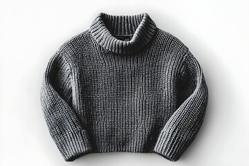 Gray turtleneck knit sweater, laid flat