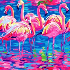 Slats personalizados com sua foto Artistic Flamingos in Bright Colors: Abstract Illustration of Exotic Birds with Pink Shades and Aquatic Reflection in Modern, Decorative, Fine Art Scene