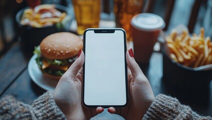 Mockup  hand holding using smart phone with white blank screen at fast food restaurant