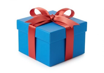 Obraz premium A blue gift box with a red ribbon isolated on a white background view