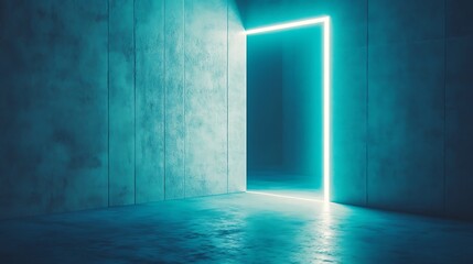 Neon light door in a dark concrete room