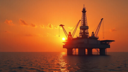 Obraz premium Offshore Oil Rig Silhouetted Against a Vibrant Sunset Over the Ocean