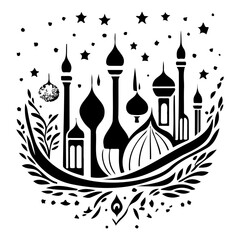 Abstract vector artwork depicting a cityscape silhouette with celestial ornaments