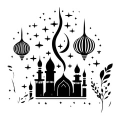 Silhouette of a Festive Islamic Celebration with Minarets and Lanterns