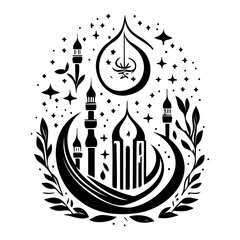 Abstract decorative islamic crescent moon and architecture silhouette design