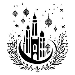 Stylized lunar arabesque silhouette with towers, crescents, and celestial motifs