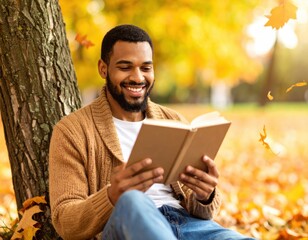 Fototapeta premium Happy young Black man reading book outdoors in beautiful autumn park with golden sunlight and falling leaves