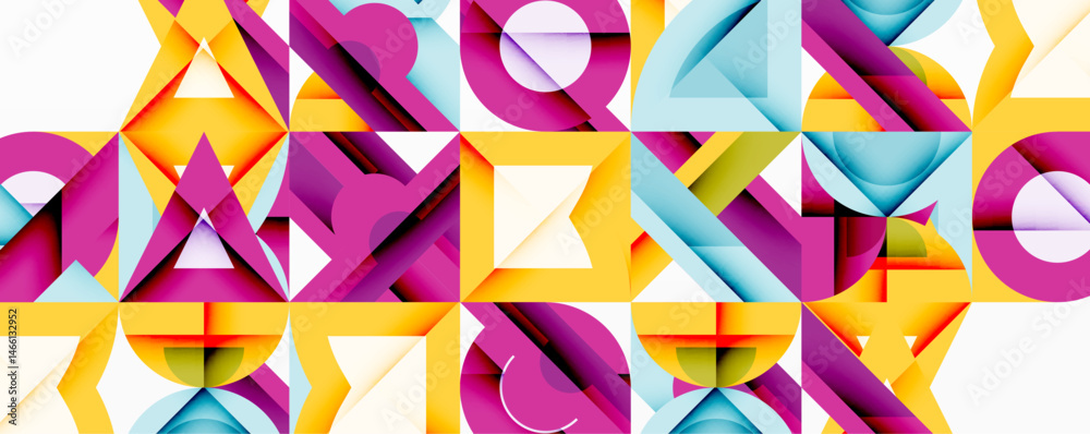 Poster Abstract geometric pattern. Vivid colors create dynamic composition. Shapes overlap, forming complex visual texture.