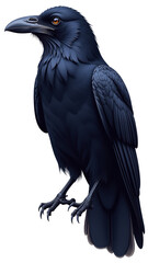 Fototapeta premium Majestic black raven illustration, detailed crow bird with dark feathers, gothic corvid wildlife art on white background, realistic avian portrait