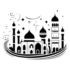 Stylized architectural illustration depicting cultural heritage and silhouette art