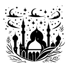 Silhouette of an Islamic place of worship with astral elements illustration