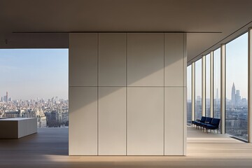 Modern, minimalist interior with city views.  Large windows offer panoramic cityscape views.  Light-toned walls and floors create a bright and airy feel.