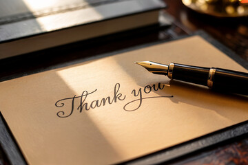 Thank You text in elegant calligraphy writing on beige paper. A black and gold fountain pen rests on the right side of the paper. Selective focus.