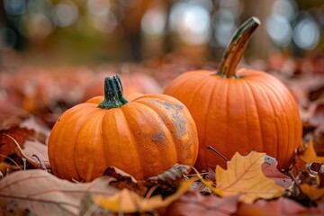 Autumn pumpkins rest among fallen leaves signaling the start of the fall season