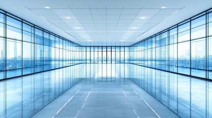 Modern corporate interior design featuring large glass walls and a polished floor suitable for office or commercial space concepts
