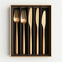 Fototapeta premium Elegant Gold Cutlery Set Displayed in Black Velvet Tray