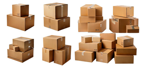 Various Sizes of Cardboard Boxes Stacked for Shipping or Storage, Isolated on Transparent, white background