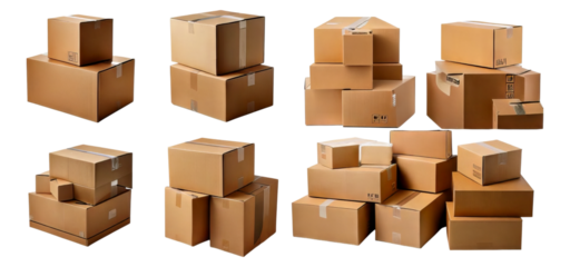 Various Sizes of Cardboard Boxes Stacked for Shipping or Storage, Isolated on Transparent, white background