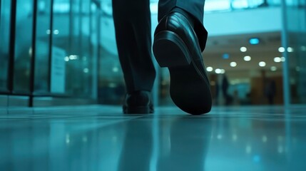 Businessman walking in modern building.  Focused view of shoes and legs in motion,  polished floor reflecting surroundings.  Blurred figures indicate bustling environment