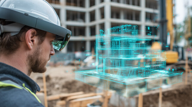 Engineer using augmented reality overlays to inspect turbine system components on construction site, digital panels and holographic data