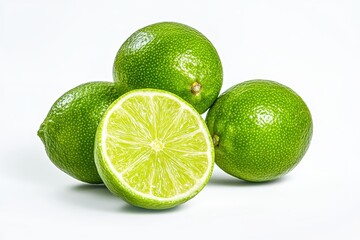 Close up of fresh green limes with one sliced on a plain background