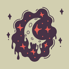 Melting Crescent Moon with Stars: Cosmic Art Illustration