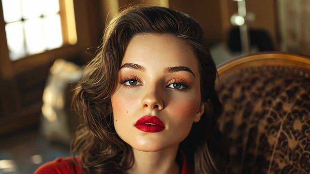  elegance portrait of pretty Caucasian woman sitting on Capitone armchair at luxurious room with elegance retro vintage vibes