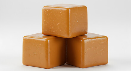 Stacked Caramel Candies Three Cubes Close Up Detail on White Background Sweet Treat