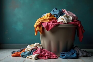 Overfull hamper overflowing with soiled clothes , mess, dirty laundry