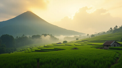 Lush Green Rice Terraces with Majestic Mountain Backdrop at Sunrise