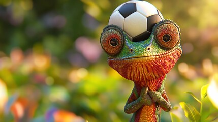 Cartoon chameleon balancing soccer ball on head in garden.