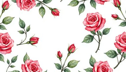 Delicate watercolor rose buds, leaves & vines repeat seamlessly , texture, design