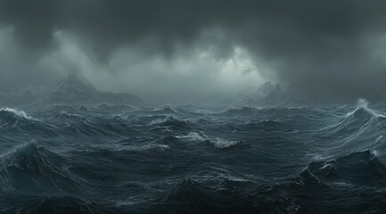 Fototapeta premium Stormy ocean landscape with dark mountains. Vast waves crash against a backdrop of ominous clouds. A dramatic, powerful scene