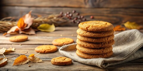 A stack of warm golden-brown gingersnap cookies placed on a worn wooden table with a soft beige linen cloth